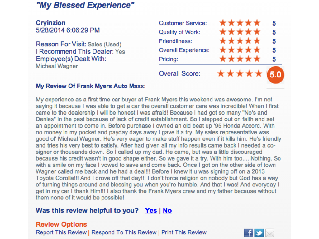 Frank Myers Auto Reviews